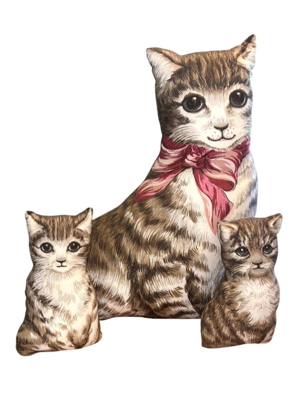 Vintage Handmade Tabby Cat Kittens Cloth Pillows Set Folk Art Decor